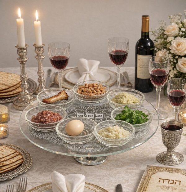 Plateau pour le seder de Pessah sur pied en verre et cristal