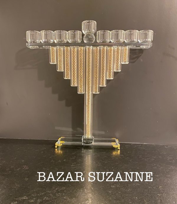 HANOUKIA CRISTAL  DOREE ET TRANSPARENTE H 34 CM