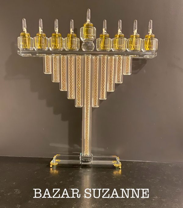 HANOUKIA CRISTAL  DOREE ET TRANSPARENTE H 34 CM