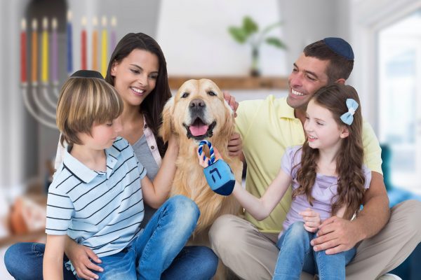 Happy family stroking dog over white background Chewdaica Jouet pour Chien