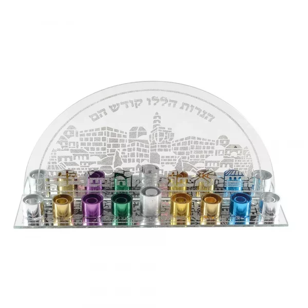 menorah-couleur-fond-rond-27x6x13cm Hanoukia en verre