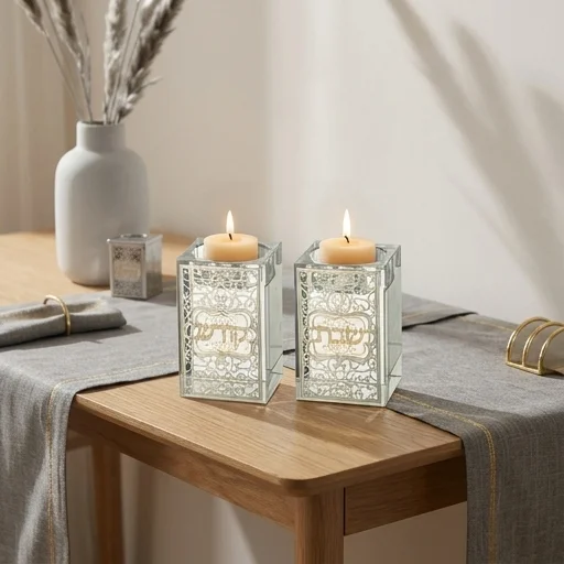 Bougeoir de Shabbat en Cristal avec plaque en Métal