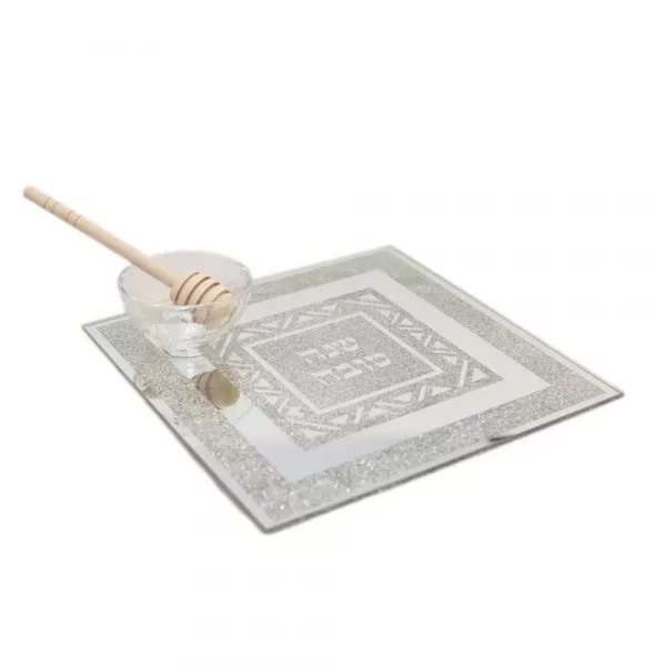 Plat carré argent miroir avec bol à miel et cuillère