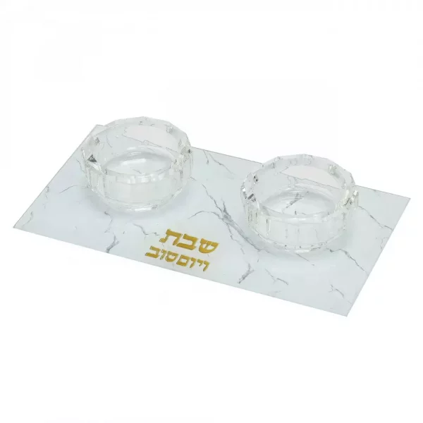 bougeoirs-double-dore-9x17cm Bougeoir de Shabbat en verre façon marbre