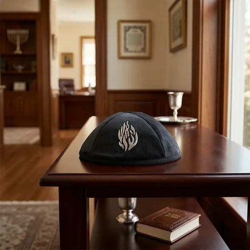 Kipa Velours noir avec plaque  argentée flamme Rabbi Nahman de Breslev
